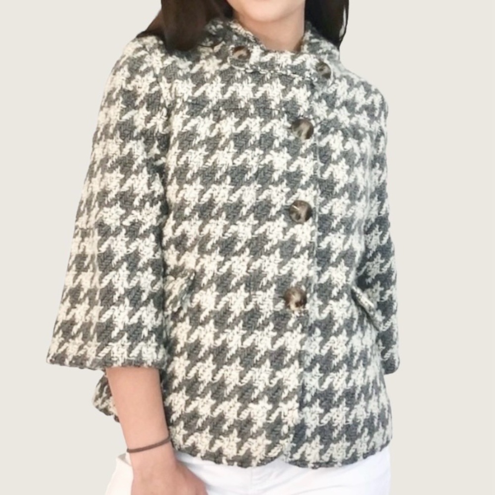 Anthropologie Houndstooth Gray Tweed Crochet 3/4 Sleeve Hooded Peacoat Jacket S - Picture 2 of 14